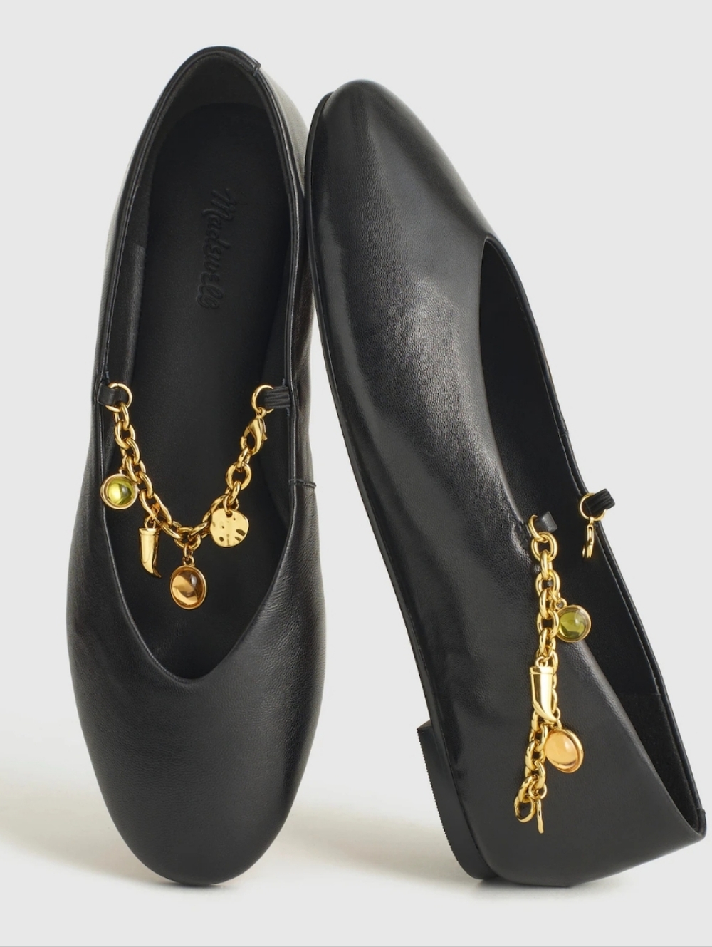 New Madewell The Remy Mary Jane Black Leather Ballet Flats with Gold Charm Chain